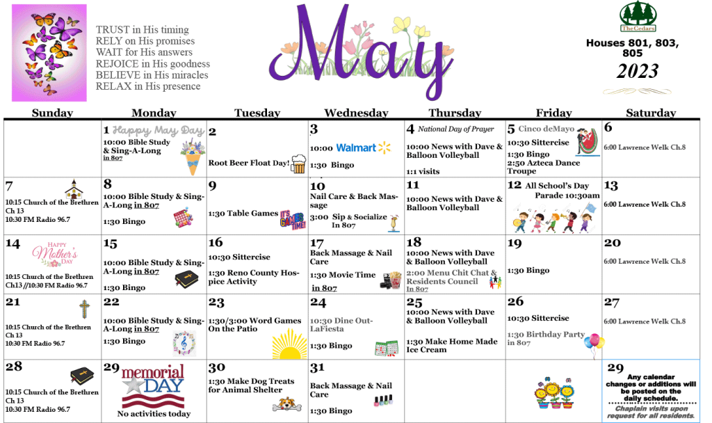 May Activities Calendar at The Cedars